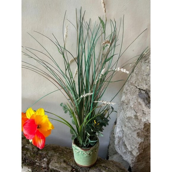 Artificial Grass & Floral Arrangement In Green Ceramic Pot - Picture 5 of 8